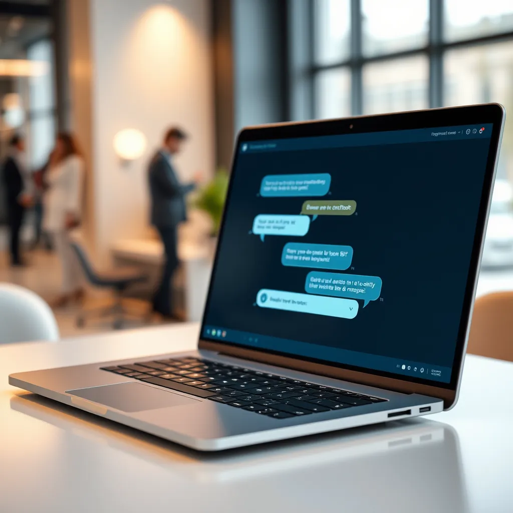 A close-up shot of a sleek, modern laptop screen displaying a chatbot interface. The chatbot is engaging in a conversation with a user, with bubbles representing their messages. The background is a blurred image of a bustling office, representing a professional setting. The lighting is soft and warm, creating a welcoming atmosphere. The overall style is clean and modern, with a focus on user-friendliness and accessibility. The image should be highly detailed, showcasing the chatbot's interface and the user's interaction with it. It should be in a photorealistic style, with realistic textures and materials. The resolution should be 8K for maximum detail and clarity.