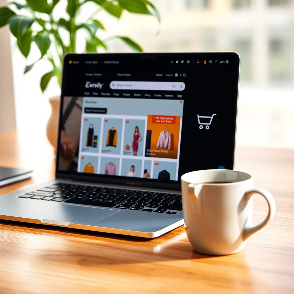 A close-up shot of a sleek laptop with a vibrant online store displayed on the screen. The store features high-quality product images, a user-friendly interface, and a shopping cart icon. The laptop is resting on a polished wooden desk with a cup of coffee and a plant in the background. Soft, natural lighting illuminates the scene. The image should have a clean and modern aesthetic, conveying professionalism and ease of use. Render in 8K resolution with hyperrealistic detail, capturing the texture of the wood, the shine of the screen, and the subtle sheen of the coffee mug.  Focus on the user experience, showcasing a seamless and enjoyable online shopping journey.  The image should exude a sense of confidence and trust, highlighting the security and reliability of the ecommerce platform.