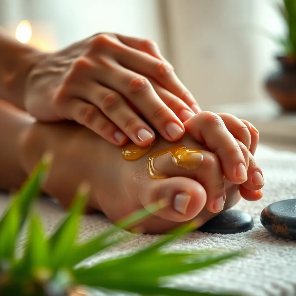 A close-up shot of a therapist's hands gently massaging a client's feet with soothing oils. The ambiance should be calming, with soft lighting and natural elements like bamboo or stones.  Focus on the details of the massage strokes and the client's relaxed expression.