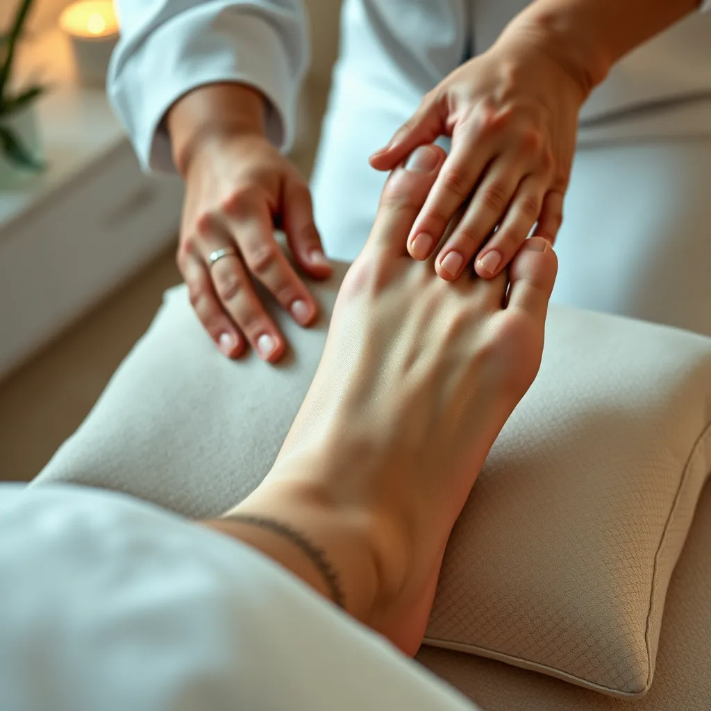 A close-up shot of a therapist's hands performing a foot massage on a client. The client's feet are resting on a comfortable cushion, and the therapist is using gentle strokes and pressure points to release tension. The image should be calming and inviting.