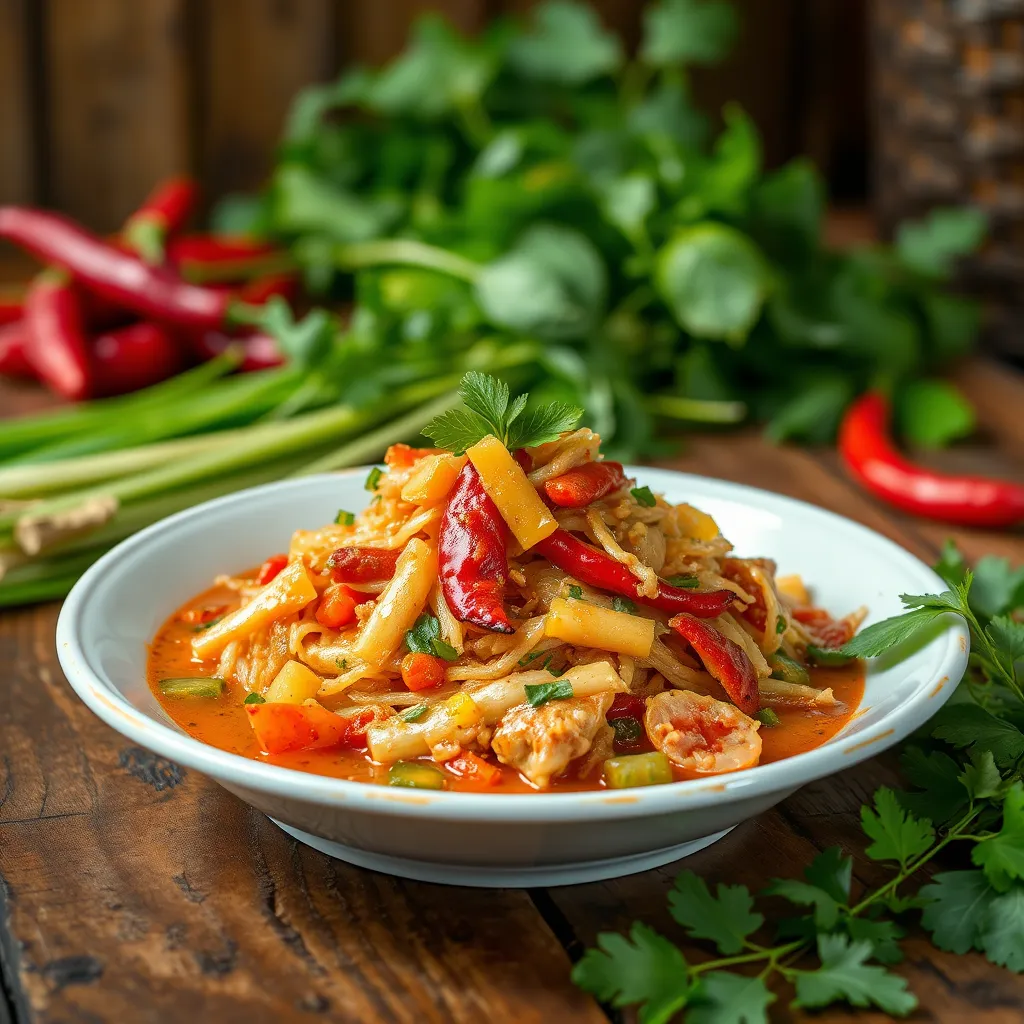 A close-up shot of a traditional Thai dish, such as som tam or larb, on a rustic wooden table with fresh herbs and chilies in the background. The dish should be beautifully plated and have a vibrant, mouthwatering appearance. The image should have a warm, inviting feel, highlighting the authenticity of the dish and the flavors of Ubon Ratchathani.