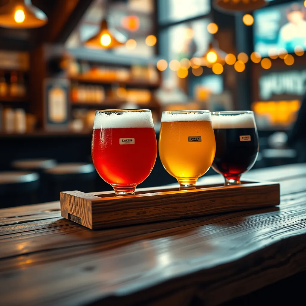 A close-up shot of a wooden tray with four stemmed glasses filled with different colored craft beers. Each glass has a small label with the beer name. The tray is on a rustic wooden table with a blurred background of a lively bar. The lighting is warm and inviting, with soft golden hues emanating from the bar lights. The glasses are slightly misted, and the beer foams gently. The composition focuses on the glasses and the textures of the wood and the foam. The overall image evokes a sense of craft, quality, and enjoyment. Render in 8K resolution with hyperrealistic detail, capturing the subtle variations in color and texture of the beer, glass, and wood.