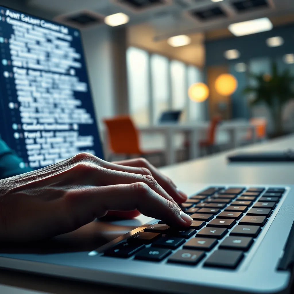 A close-up shot of a writer's hand typing on a keyboard, with a glowing screen displaying a stream of well-written text. The background is a blurred image of a modern office, representing a creative and productive environment. The lighting is focused on the keyboard and screen, creating a sense of concentration and focus. The overall style is clean and minimalist, reflecting the efficiency and effectiveness of the content generation service. The image should be highly detailed, showcasing the keyboard's keys and the text's clarity and readability. It should be in a photorealistic style, with realistic textures and materials, including the keyboard's metallic surface and the screen's reflective glass. The resolution should be 8K for maximum detail and clarity.