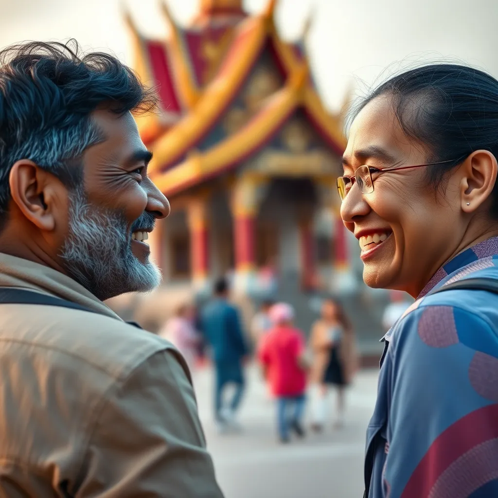 A close-up shot of an Indian tourist and a Thai guide engaged in conversation, both with genuine smiles on their faces. Capture the warmth and trust in their interaction. The background should be a picturesque Thai temple or a scenic landscape, showcasing the beauty of Thailand. Render the scene in a photorealistic style with warm, natural lighting that enhances the vibrant colors of the surroundings. Emphasize the detail in their facial expressions, capturing the essence of their conversation and the comfort of communication without language barriers.