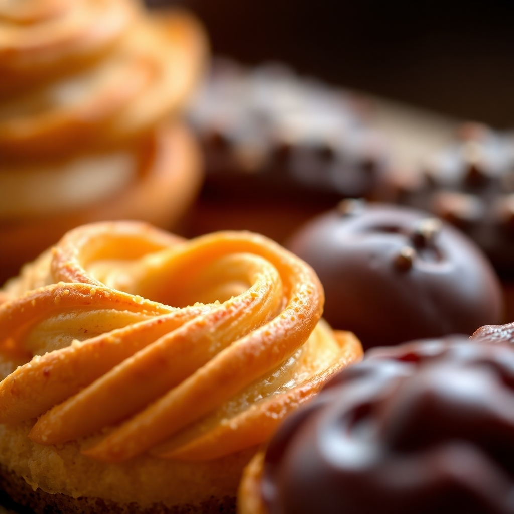 A close-up shot of various pastries, focusing on the richness of their textures and colors. The lighting and styling should highlight the mouthwatering quality of each pastry. The background should be blurred to draw focus to the pastries. Use color grading to enhance the overall visual appeal.
