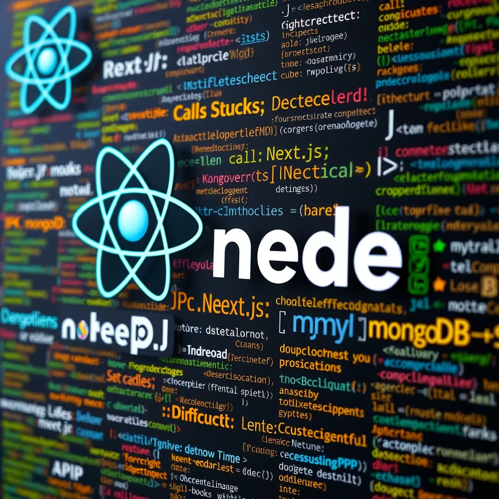  A collage of code snippets representing different programming languages, frameworks, and databases. The snippets should be visually appealing and organized to show the diversity of technologies used in web development. Include icons or logos for React, Next.js, Node.js, PHP, MySQL, and MongoDB.