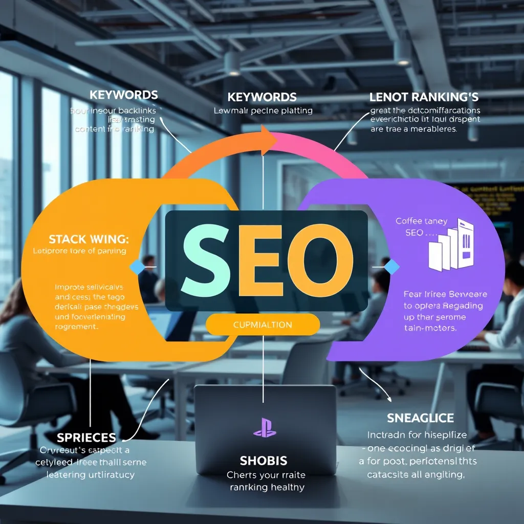 A colorful infographic illustrating the process of SEO, showing keywords, backlinks, content optimization, and website ranking improvement. The background should be a bright and modern office setting, with a team of professionals working on laptops and interacting with each other.