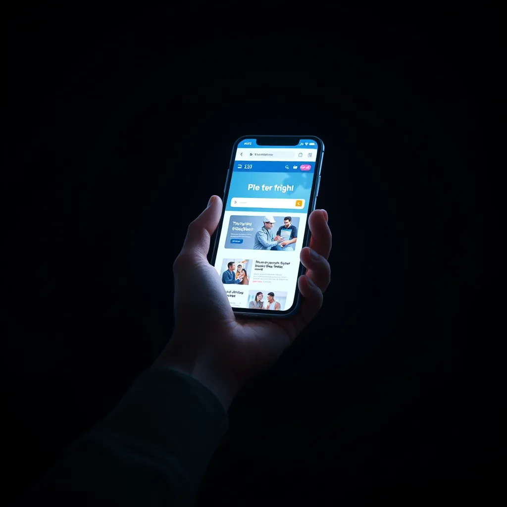 A conceptual image depicting a hand reaching out from a dark background, holding a glowing smartphone. The phone screen displays a captivating website homepage, featuring a bright and inviting design. The image should symbolize the potential of the internet and the accessibility of our website development services.