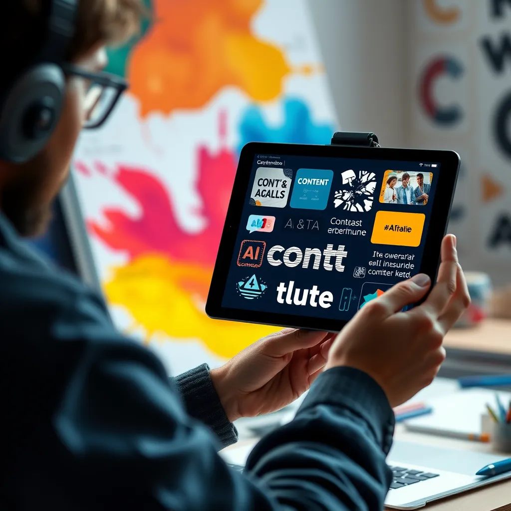 A creative workspace with a digital artist using a tablet to brainstorm content ideas. The tablet displays various AI-generated text and images, demonstrating the ease and speed of content creation. The background should showcase vibrant colors and abstract shapes, symbolizing the diverse possibilities of AI-powered content generation.