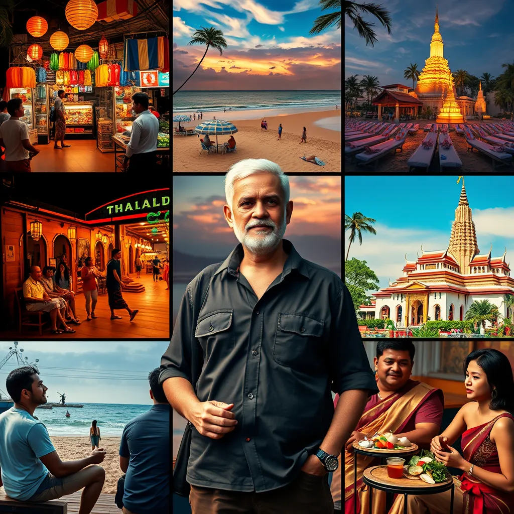 A detailed image showcasing a diverse range of activities in Thailand: a bustling night market, a serene beach with sunbathers, a breathtaking temple, and a group of Indian tourists enjoying Thai cuisine. An English-speaking guide stands prominently, presenting a personalized itinerary to the tourists.