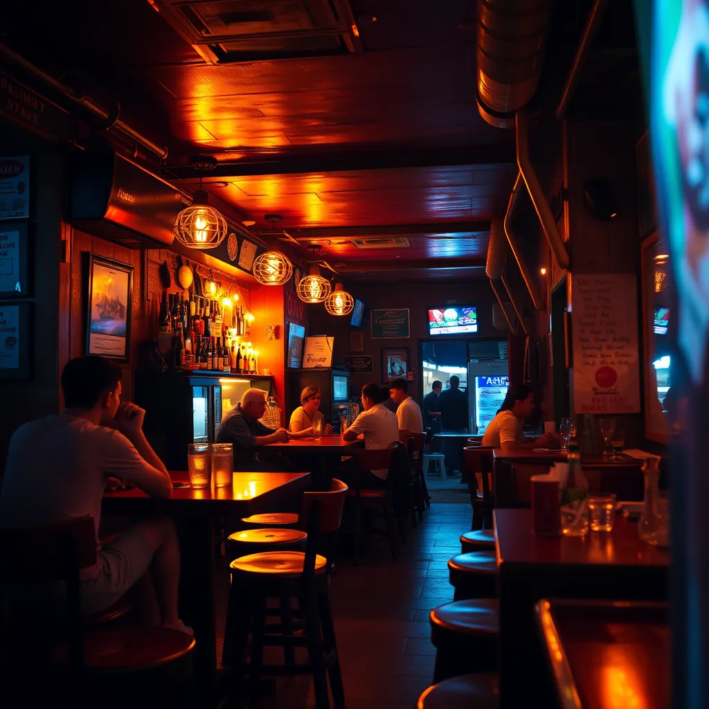 A dimly lit, cozy beer bar in Pattaya, featuring warm lighting, wooden furniture, and friendly patrons enjoying drinks and conversation. The image should capture a relaxed and inviting atmosphere, away from the hustle and bustle of the beach.