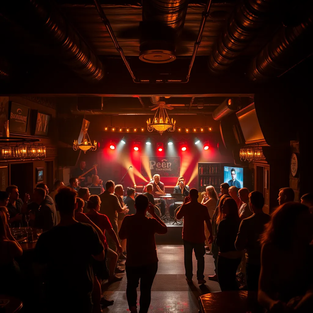 A dimly lit beer bar with a live band playing on stage.  The crowd is enjoying the music, dancing, and having a good time. The bar is filled with warm lighting and has a relaxed and inviting atmosphere. 