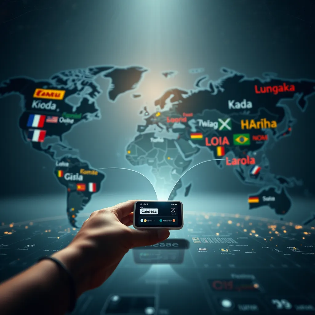 A dynamic scene depicting a world map with various languages displayed on it. A small, futuristic device is translating text in real-time, showcasing the ease and speed of our AI translation service. The image should exude a sense of globalization and interconnectedness, emphasizing the power of language translation to connect people.