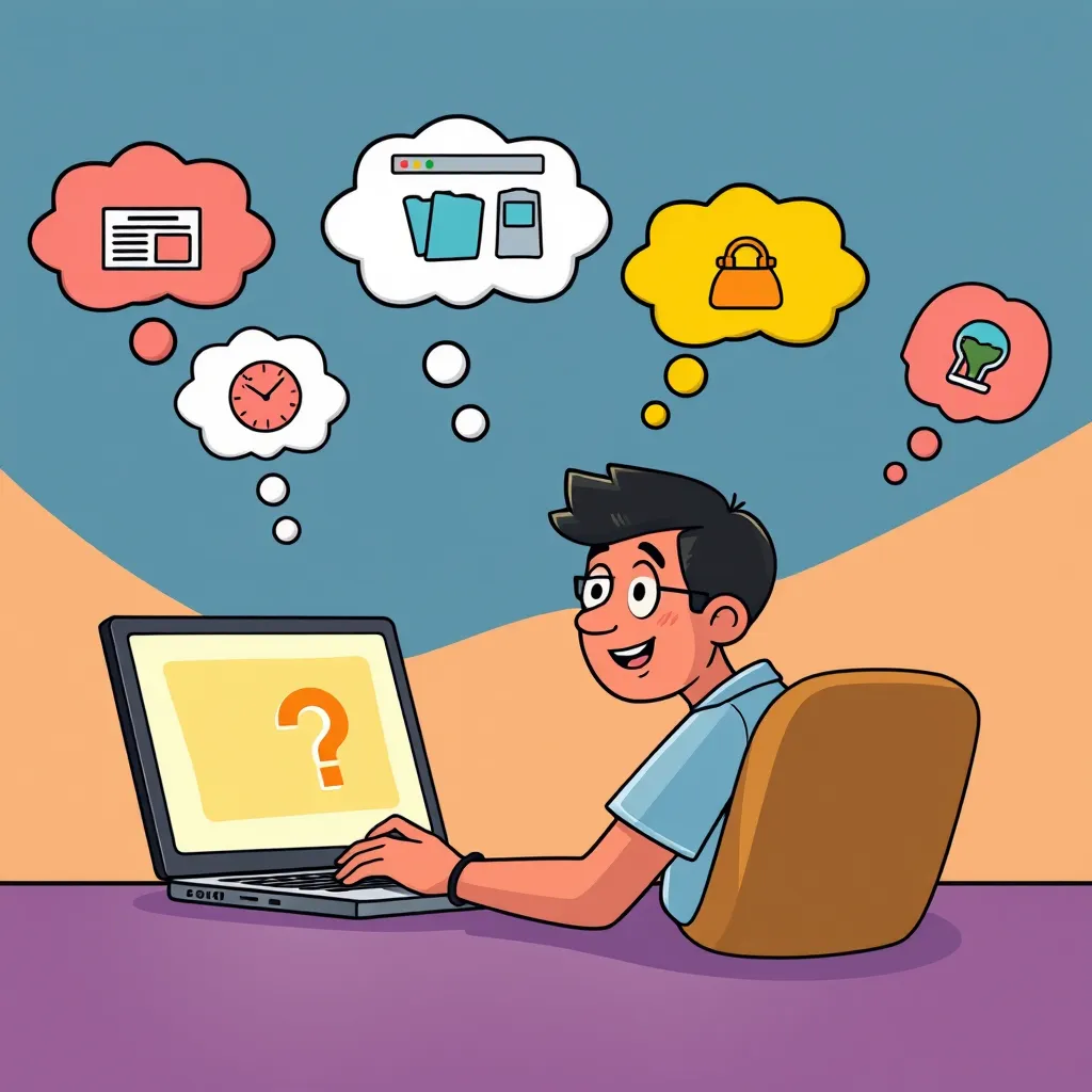 A friendly, colorful cartoon illustration of a person taking a quiz on a laptop, with thought bubbles above their head showing different website icons and features, representing the quiz questions.