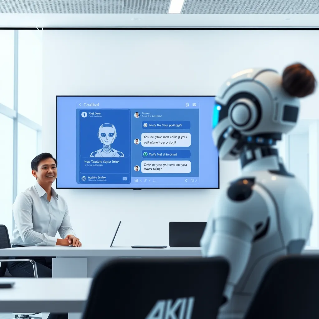 A futuristic, minimalist office with a sleek chatbot interface displayed on a large screen. The chatbot is engaging with a customer in a friendly and helpful manner, while a human employee in the background smiles and focuses on other tasks. The scene should be bright and modern, reflecting the efficiency and convenience of AI chatbots.