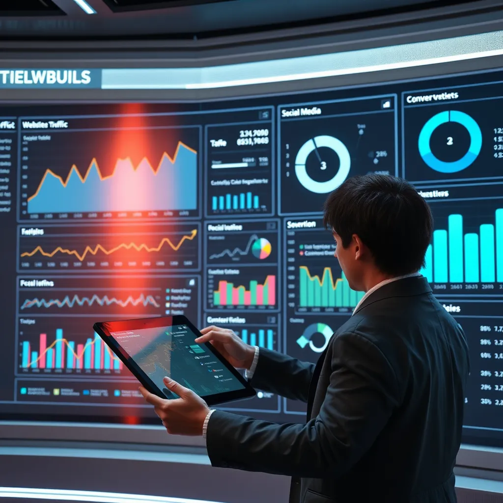 A futuristic dashboard with interactive graphs and charts displaying data on website traffic, social media engagement, and conversion rates. A person in a business casual outfit is analyzing the data on a tablet, making adjustments to a digital marketing campaign.