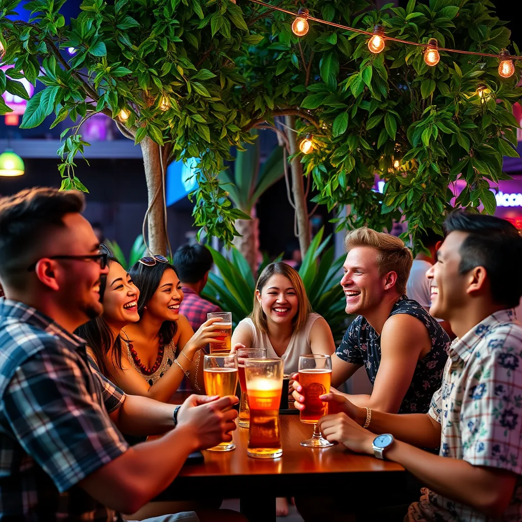 A group of friends laughing and enjoying drinks together at an outdoor beer garden in Pattaya.  The atmosphere is friendly and relaxed, with a mix of locals and tourists. There are lush green plants and colorful lights, creating a vibrant and inviting atmosphere. 