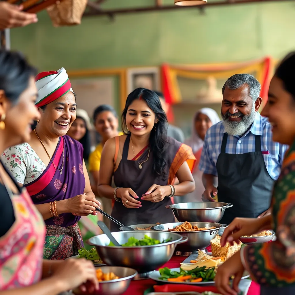 A group of Indian tourists, both young and old, enjoying a traditional Thai cooking class, laughing and interacting with each other. The scene should highlight the vibrant colors and aromas of Thai cuisine.