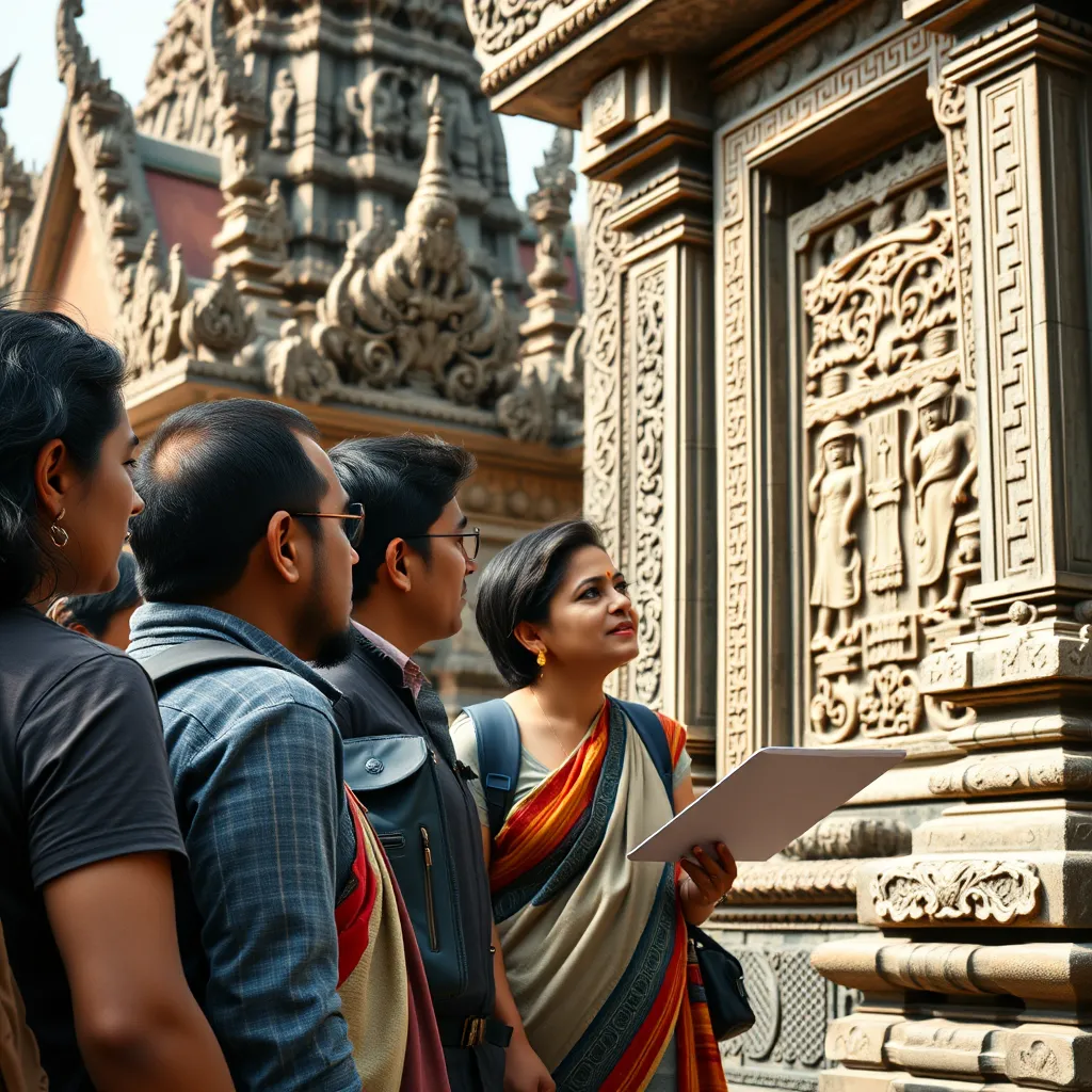 A group of Indian tourists attentively listening to their English-speaking guide explaining the intricate carvings on a historic Thai temple. The guide should be passionate and engaging, creating a sense of wonder and learning in the tourists.