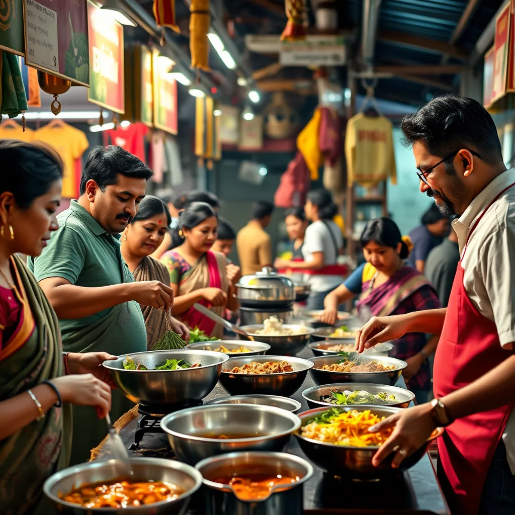 A group of Indian tourists enjoying a traditional Thai cooking class, learning to prepare authentic dishes with the help of a friendly Indian guide. The scene is set in a bustling Thai market, showcasing vibrant colors and aromas.