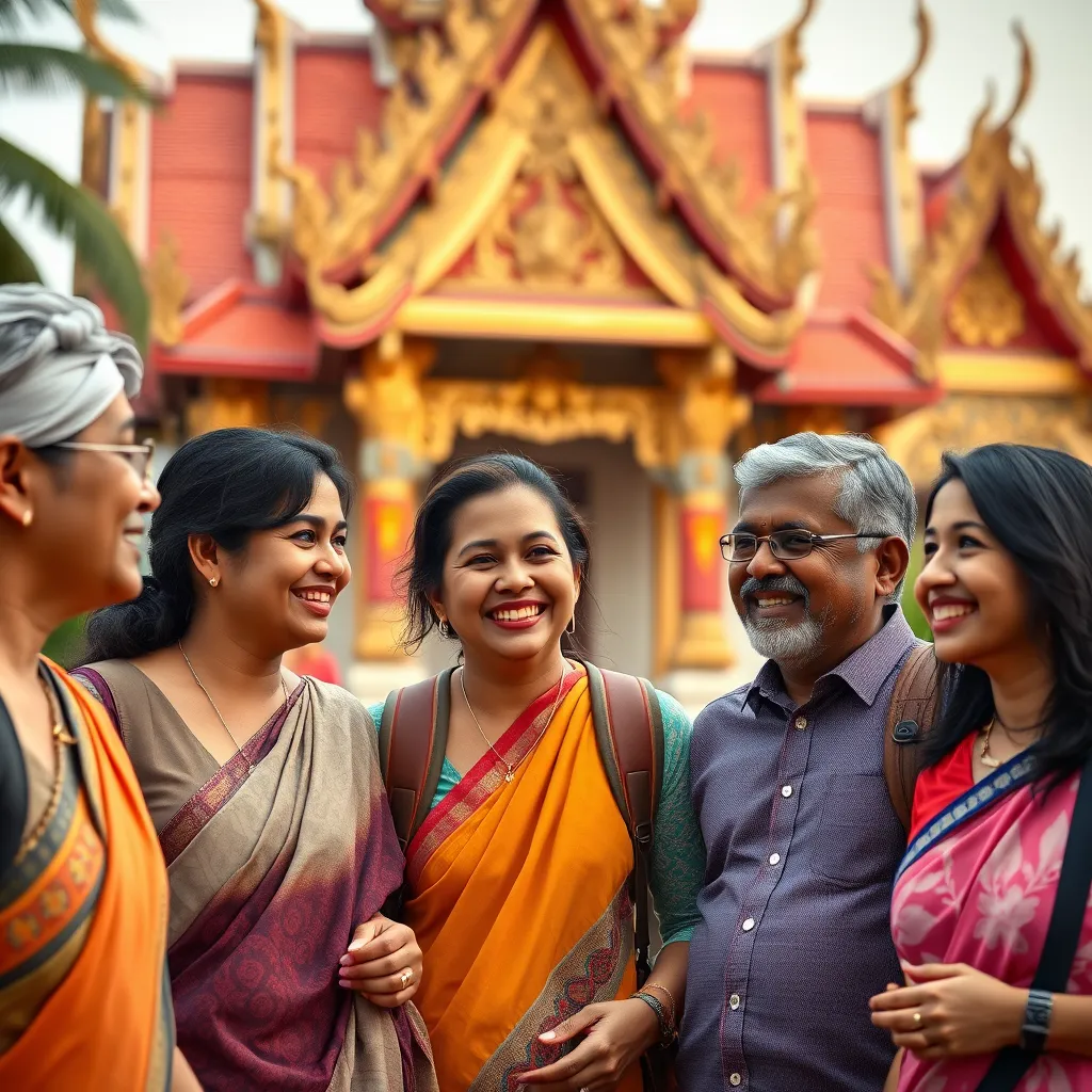 A group of Indian tourists smiling and interacting with an English-speaking guide in front of a vibrant Thai temple, showcasing the guide's friendly and approachable nature. The scene should be filled with warm colors and depict a sense of ease and understanding.