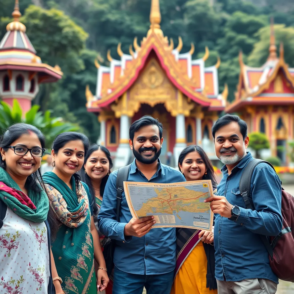 A group of Indian tourists smiling and taking photos with an Indian tour guide in front of a vibrant Thai temple. The guide is holding a map and pointing out key landmarks. The background features lush greenery and traditional Thai architecture.