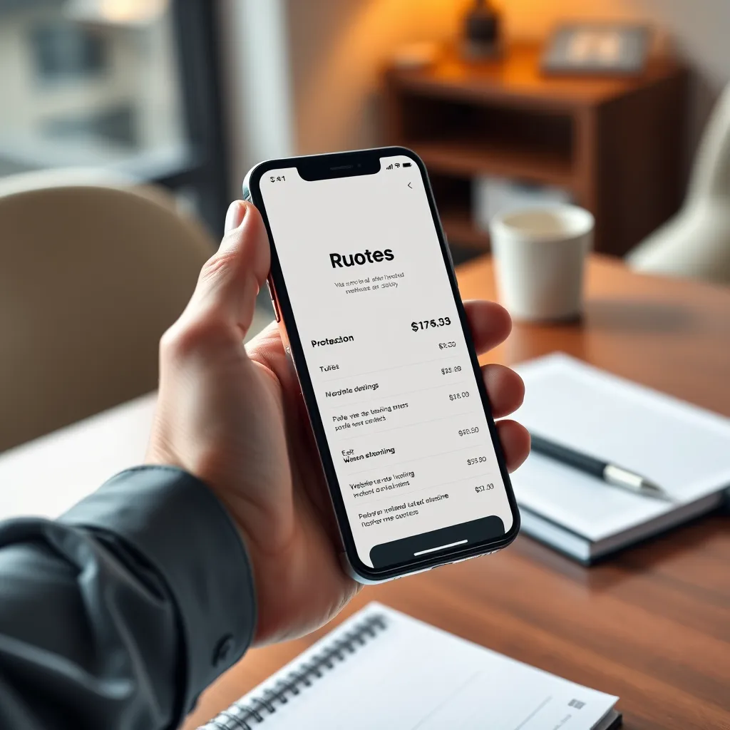 A hand holding a smartphone displaying a website design mockup. The smartphone is positioned on a desk with a notepad and a pen. The screen shows a quote with a dollar amount and a breakdown of website features. The background is a warm office setting, suggesting a professional and personalized experience.