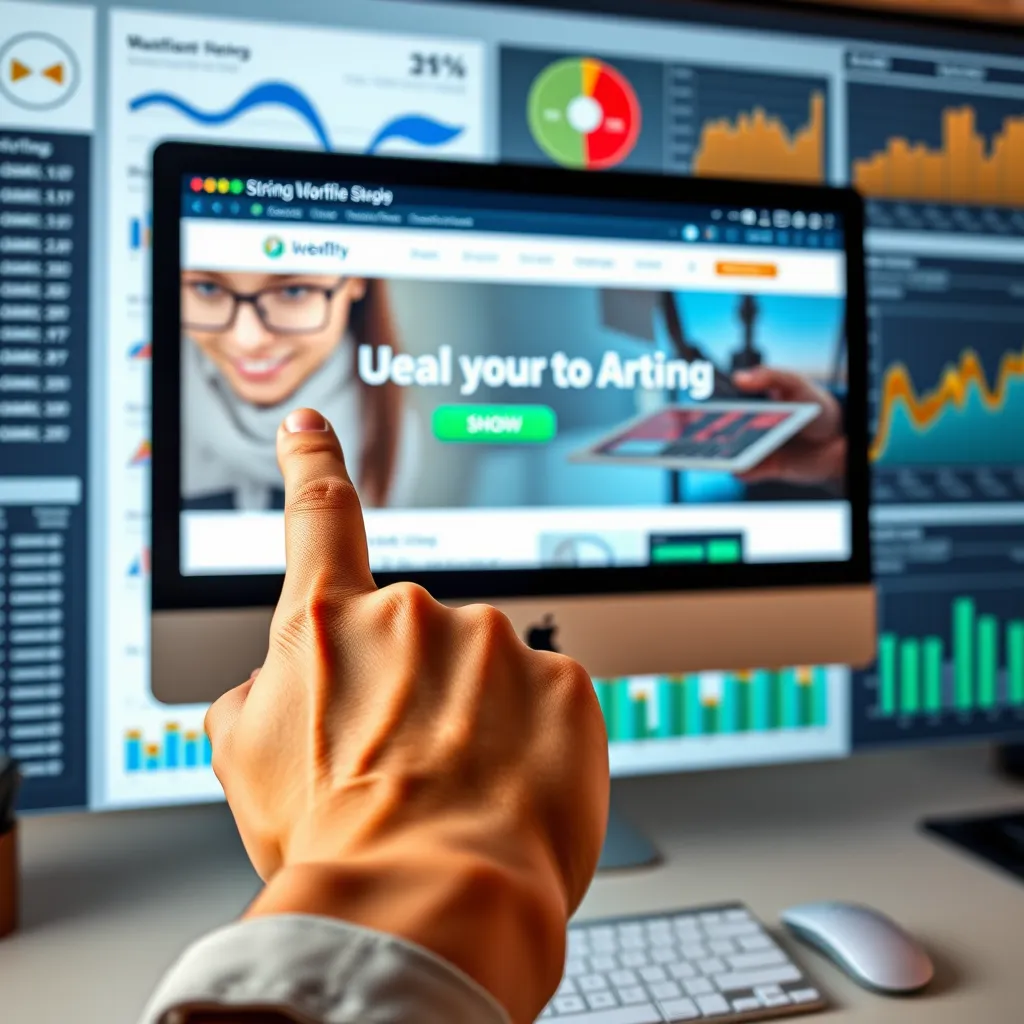 A hand pointing at a computer screen showing a website with a strong call to action button. The background is a digital marketing dashboard with charts and graphs, highlighting key metrics like website traffic and conversion rates.