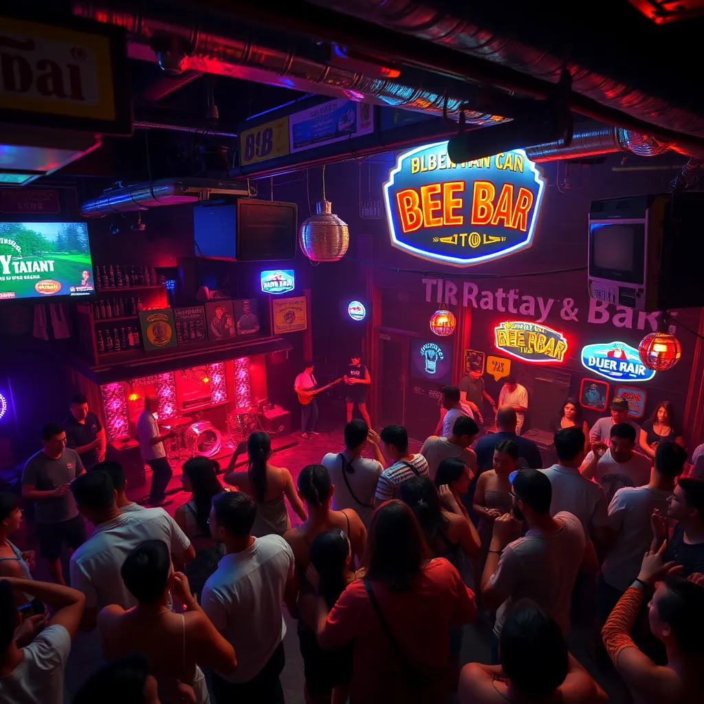 A lively beer bar in Pattaya, featuring a stage with musicians performing, a dance floor with people dancing, and a crowd enjoying the music and drinks. The image should capture the energetic and festive atmosphere of the bar.