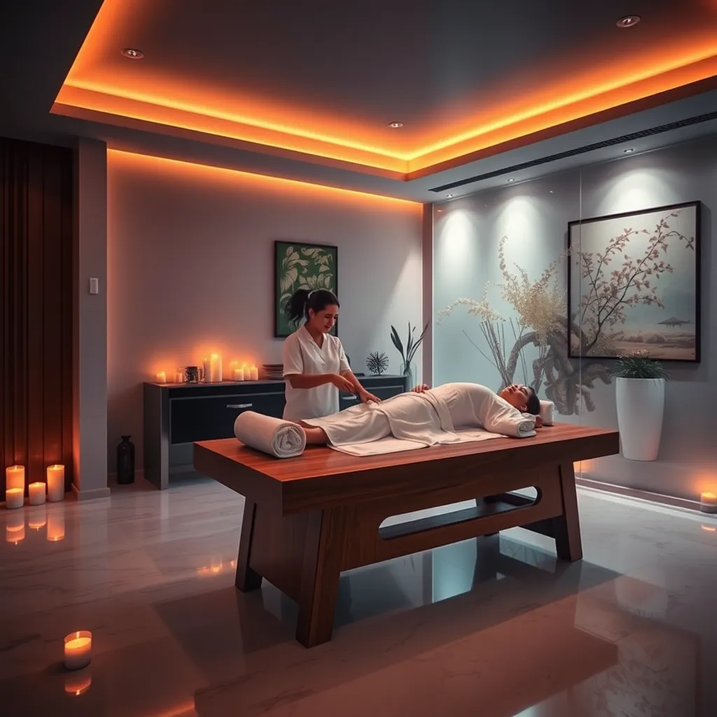 A luxurious spa in Pattaya, Thailand, with a massage room with dim lighting, candles, and aromatherapy scents. A woman is lying on a massage table, wearing a white robe, and being massaged by a therapist. The massage table is made of wood and the therapist is using oil and warm towels. The room is decorated with traditional Thai art and the atmosphere is serene and relaxing.