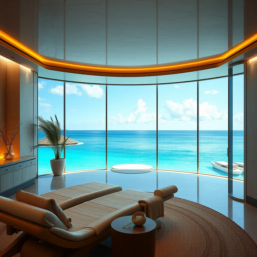 A luxurious spa with a beautiful interior, featuring a massage room with comfortable chairs and a stunning view of the ocean. The image should convey a sense of relaxation and luxury.