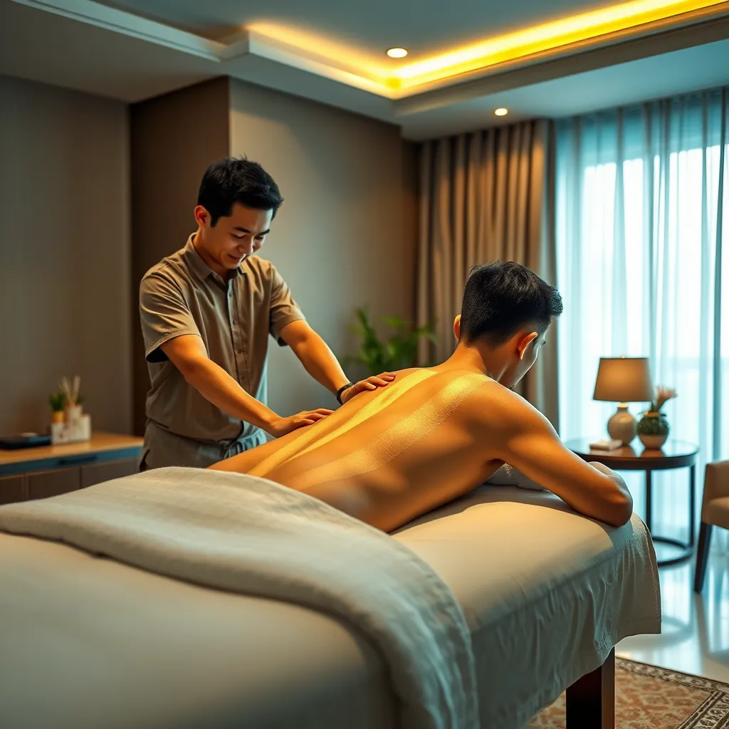 A man is receiving a Thai massage in a hotel room in Pattaya, Thailand. The massage therapist is wearing a traditional Thai massage uniform and is using oil to massage the man's back. The hotel room is well-lit and has a comfortable atmosphere. The man is lying on a massage table and is relaxing and enjoying the massage.