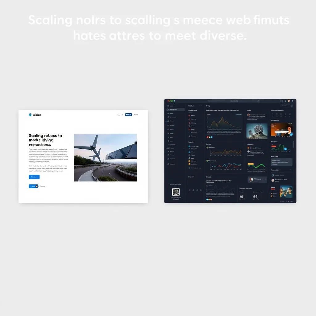 A modern, minimalist website design with a clean layout. On the left, a simple one-page website with text and images. On the right, a complex, interactive web application with multiple features and data visualizations. The image should convey the idea of scaling solutions to meet diverse needs.