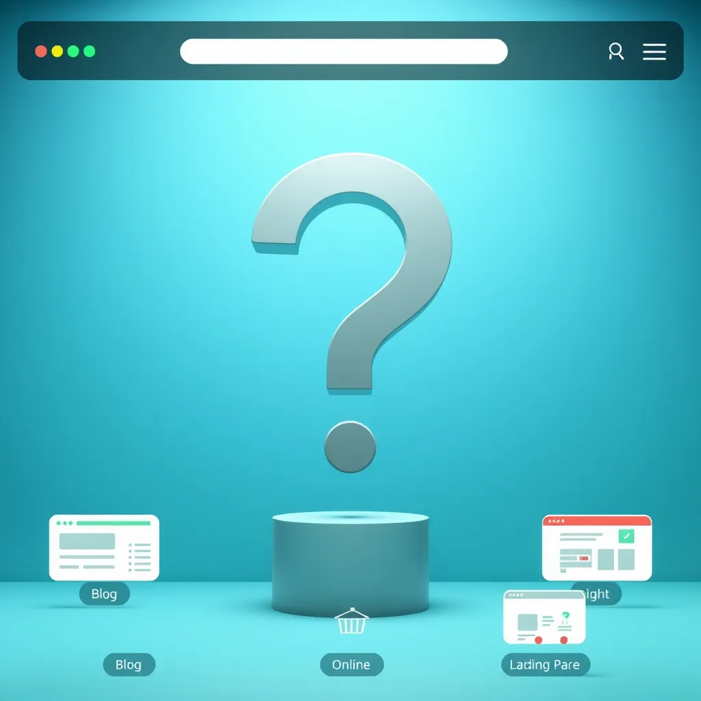 A modern, minimalist website with a large, bold question mark in the center. The background is a gradient of blue and green, representing the vast options available. The question mark is surrounded by smaller icons representing different website types, such as a blog, a portfolio, an online store, and a landing page.