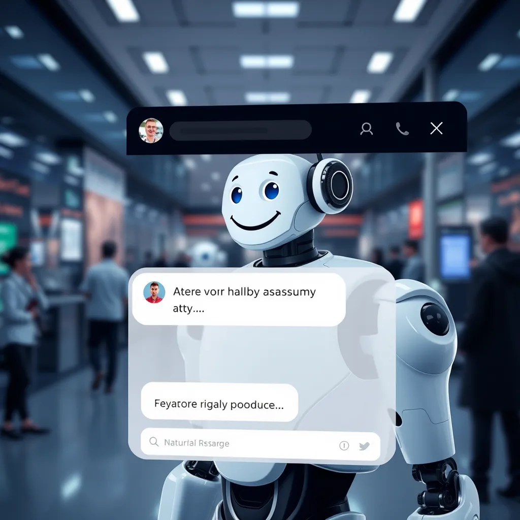 A modern, sleek chatbot interface with a friendly avatar, seamlessly integrated into a website. The interface should display a user's message and a chatbot's helpful response, showcasing natural language processing. The background should depict a dynamic business environment.