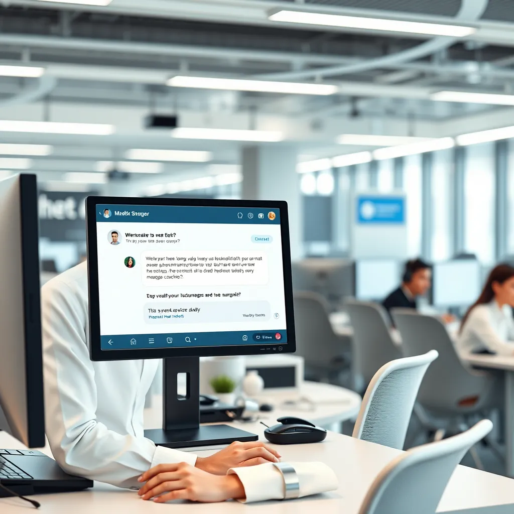 A modern, sleek office setting with a customer service representative smiling and interacting with a chatbot interface on a computer screen. The chatbot is responding to a customer query in a friendly and helpful manner. The background should depict a bustling call center with multiple agents working simultaneously, emphasizing the efficiency and scalability of using chatbots.