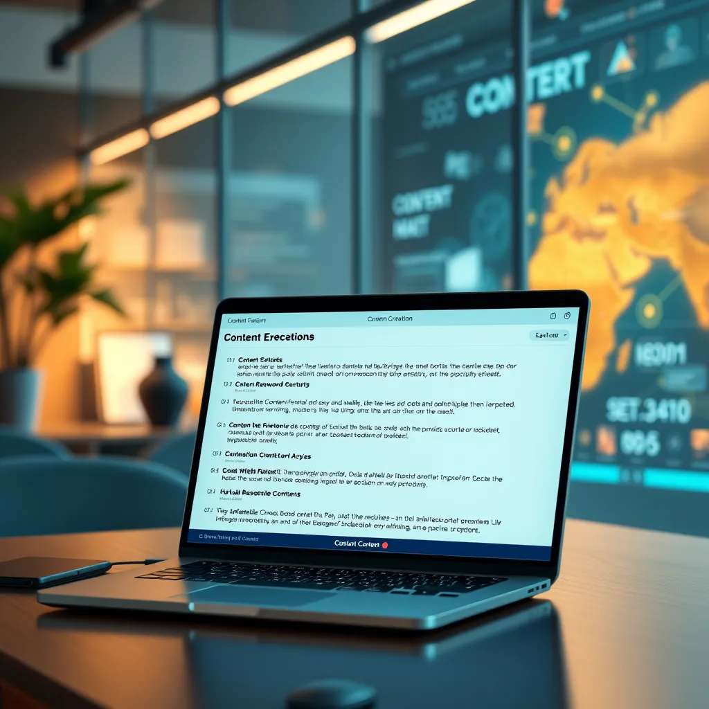 A modern office setting with a laptop displaying a content creation platform. The interface should showcase a list of various content formats (articles, social media posts, scripts) being generated by AI with a focus on relevant keywords and specific tone. The background should include a visual representation of data analysis and creative inspiration.