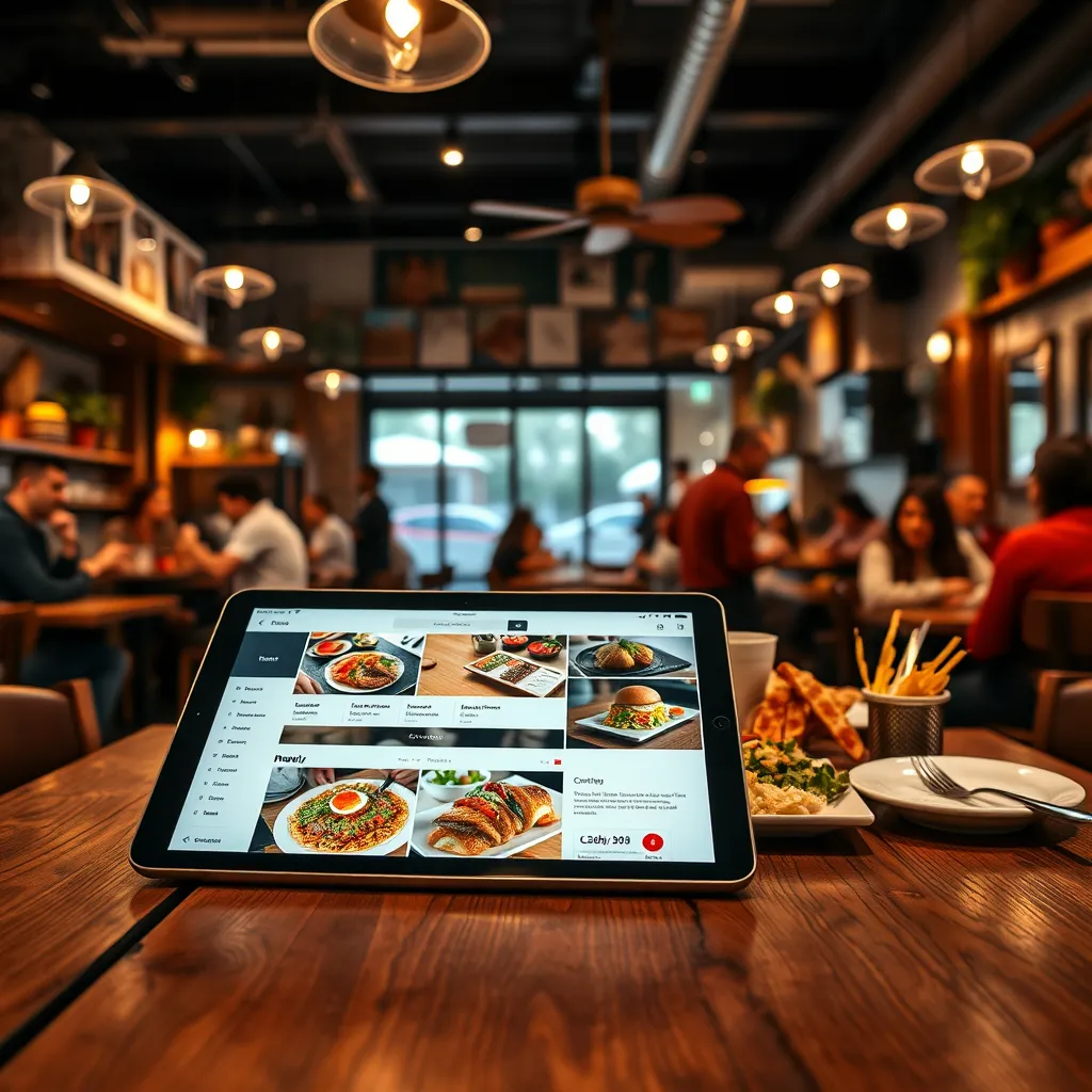 A mouthwatering image of a bustling restaurant scene. In the foreground, a beautifully crafted website is displayed on a tablet placed on a rustic wooden table. The website features enticing photos of food, a user-friendly menu, and a seamless online ordering system. In the background, a vibrant restaurant scene unfolds with happy customers enjoying meals and friendly staff interacting with guests.  Soft, warm lighting creates a cozy and inviting atmosphere.  The image should evoke a sense of deliciousness, community, and convenience, capturing the essence of a successful restaurant experience.  The website design should be visually appealing and easy to navigate, highlighting the restaurant's unique personality and culinary offerings.  Use a wide-angle perspective to showcase the bustling environment and the seamless integration of the website into the restaurant's overall experience.
