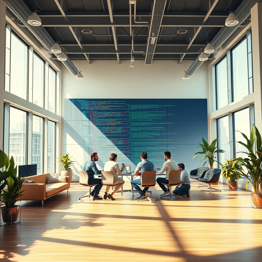 A panoramic shot of a modern, open-plan office space. In the center, a team of developers are collaborating around a large monitor displaying a complex, colorful code. The office is filled with natural light streaming through large windows, illuminating the team as they work with focus and enthusiasm. The space is decorated with minimalist furniture and vibrant plants, promoting creativity and collaboration.  The image should convey a sense of innovation and expertise, capturing the energy and dynamic nature of software development.  Use a high-key lighting technique to create a bright and energetic atmosphere.  Capture the intricate details of the code, the focused expressions of the developers, and the overall sense of teamwork and progress.