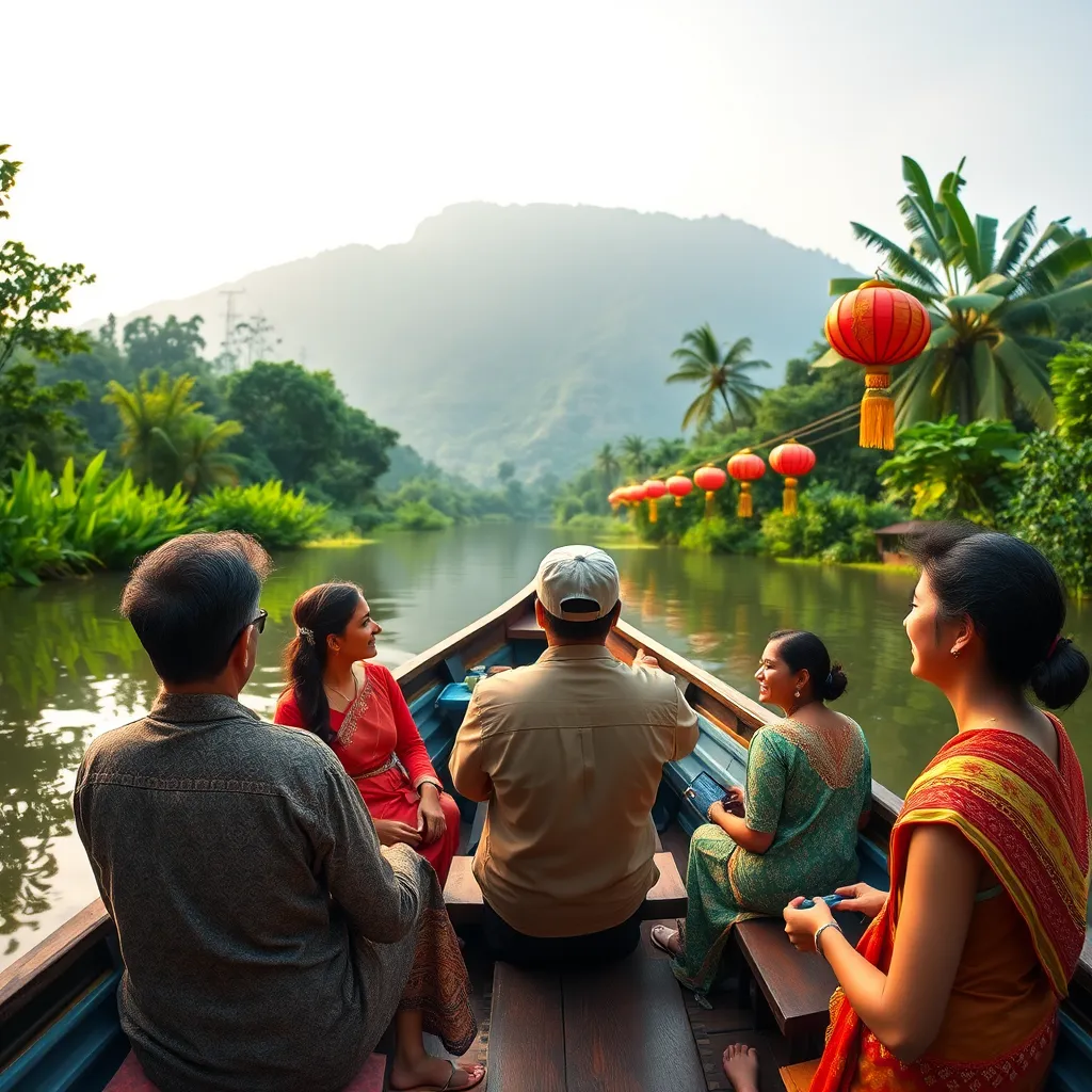 A panoramic view of a group of Indian tourists enjoying a traditional Thai boat ride along a serene river. The guide, a friendly Thai man in a traditional long-sleeved shirt, is navigating the boat, interacting with the tourists, and explaining the history and culture of the river. Capture the peaceful atmosphere with soft, diffused lighting, highlighting the lush greenery surrounding the river and the serene reflections of the water. Include details such as colorful lanterns hanging from the boat, traditional Thai music playing in the background, and the smiles on the faces of the tourists as they enjoy the experience. Render the scene in a photorealistic style with 8K resolution, emphasizing the serene beauty of the surroundings and the sense of security and comfort provided by the guide.