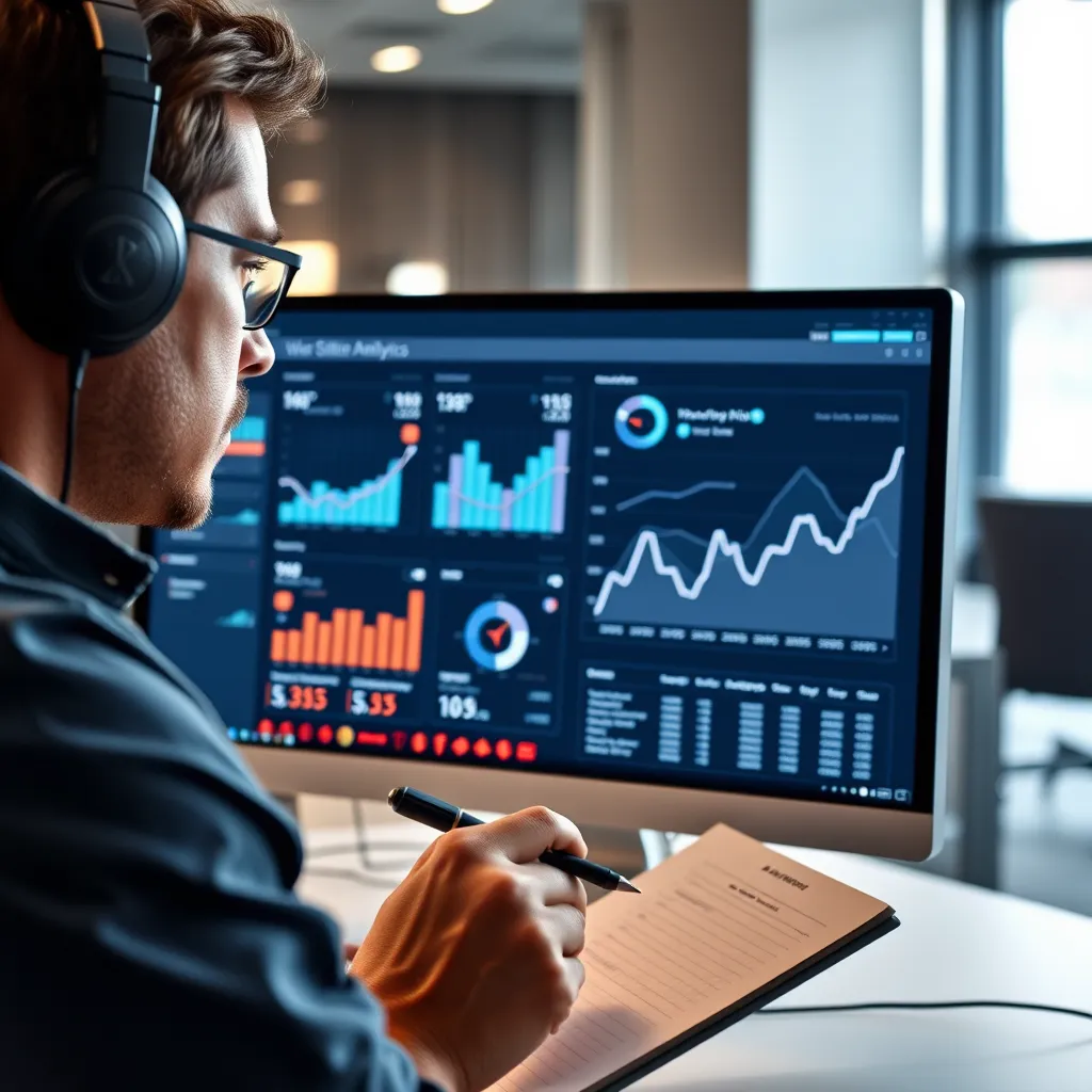 A person wearing headphones is looking intently at a computer screen filled with data and charts from a website analytics dashboard. They are holding a pen and a notepad, making notes and analyzing the data. The background is a modern, well-lit office space, suggesting a focused and efficient workflow.