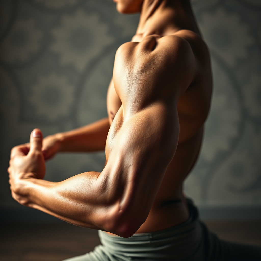 A photorealistic close-up shot of muscles engaged in a challenging yoga pose, such as warrior pose. Focus on the definition of the muscles and the strength required for the pose. The lighting is dramatic, highlighting the contours of the body. The background is blurred to keep the focus on the physical aspect of the practice. Colors should be earthy and natural.