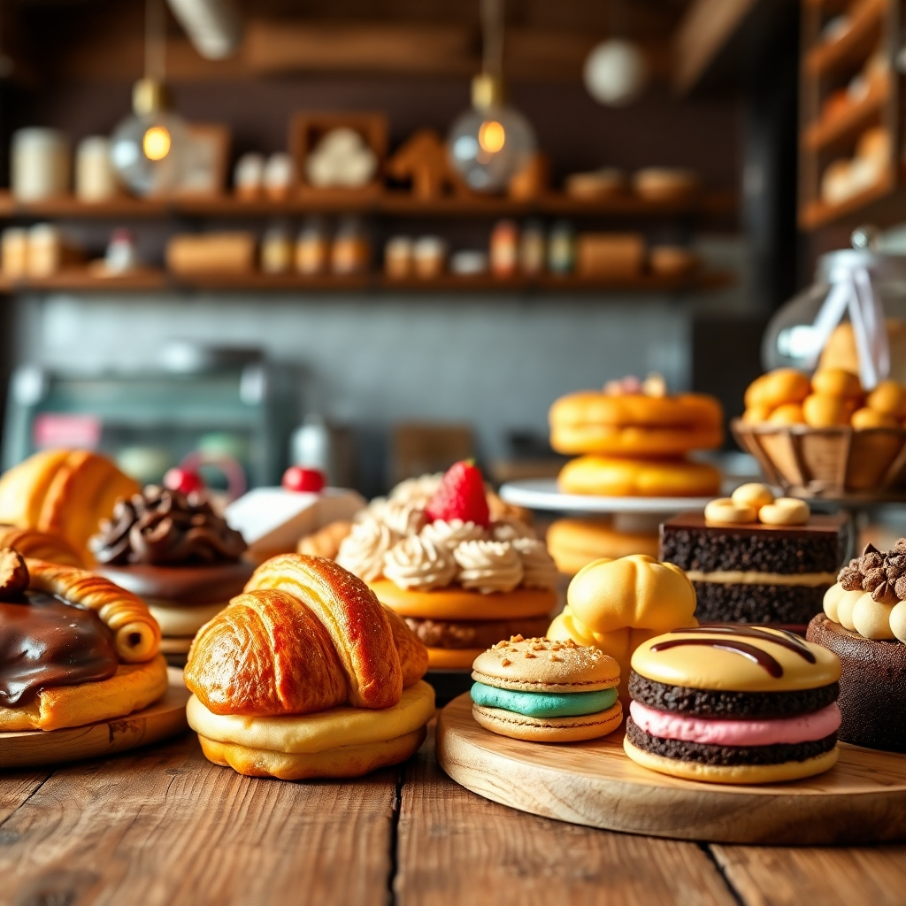 A photorealistic, high-quality image showcasing a wide array of delectable pastries and baked goods from Pim's Bakery, arranged beautifully on a rustic wooden table.  The image should have a warm lighting scheme with a slightly shallow depth of field to emphasize individual pastries.  Focus on detailed textures of different items, like flaky croissants, rich chocolate cakes, and colorful macarons. The overall visual style should look appealing and luxurious, suitable for use on a bakery's website or social media. The background could be a blurred view of the bakery interior, to maintain a connection to the context.