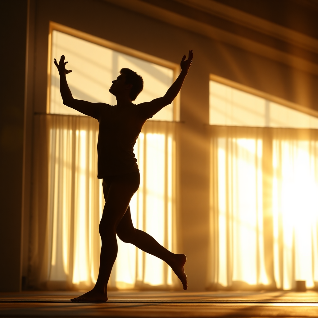 A photorealistic image capturing a person in a flowing yoga sequence, like a sun salutation. The individual is silhouetted against a softly lit background with rays of light streaming through the windows of a yoga studio. Focus on the fluidity of the movement and the sense of energy. The color palette is warm and inviting, with golden tones from the sunlight. The pose should be dynamic yet graceful.