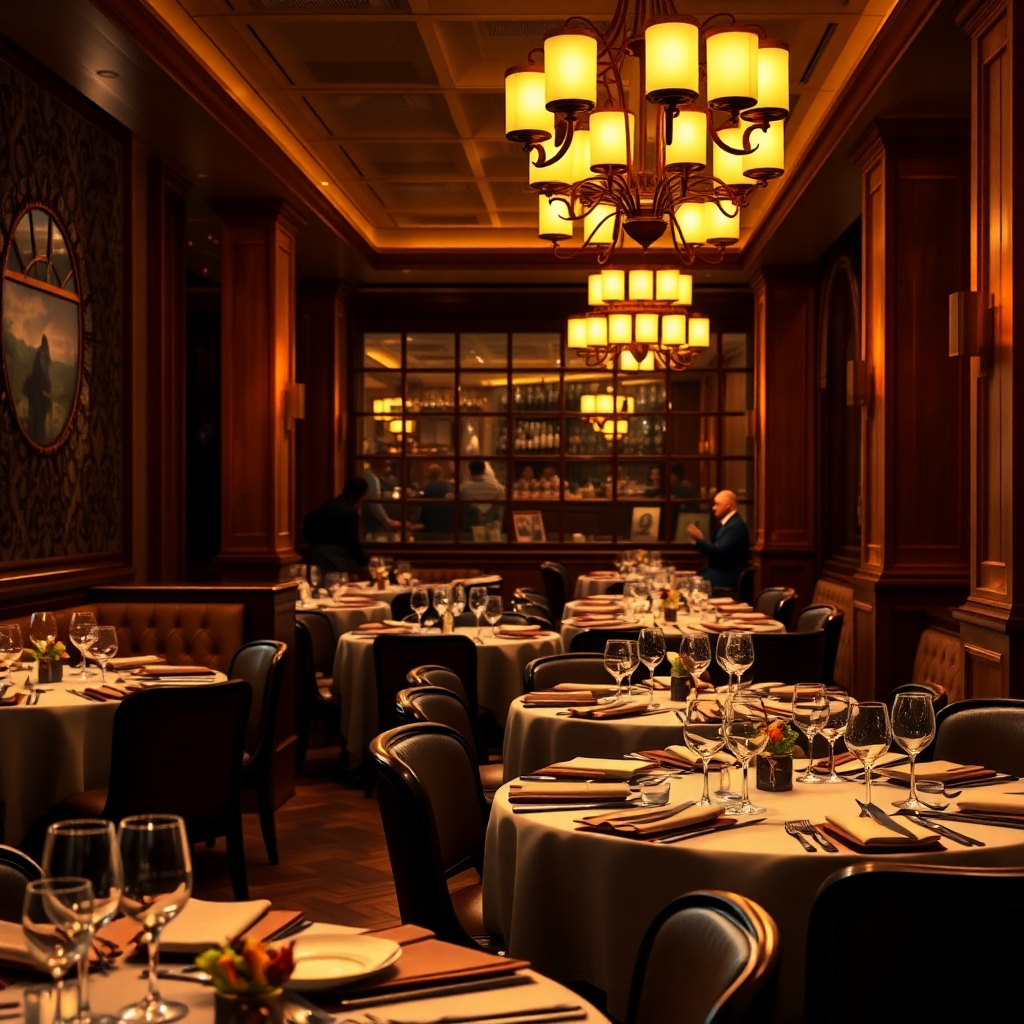 A photorealistic image capturing the ambiance of Malgudi restaurant. Include warm lighting, meticulously arranged tables, and glimpses of delicious food. The image should focus on creating a sophisticated and inviting atmosphere. The camera angle could be slightly elevated to showcase the entire dining area. The textures should be incredibly detailed, emphasizing the quality of the tableware and the presentation of the food. The lighting should be warm and inviting, with a subtle play of light and shadow to enhance the mood. The style should be elegant and sophisticated, evoking a feeling of high-end dining.