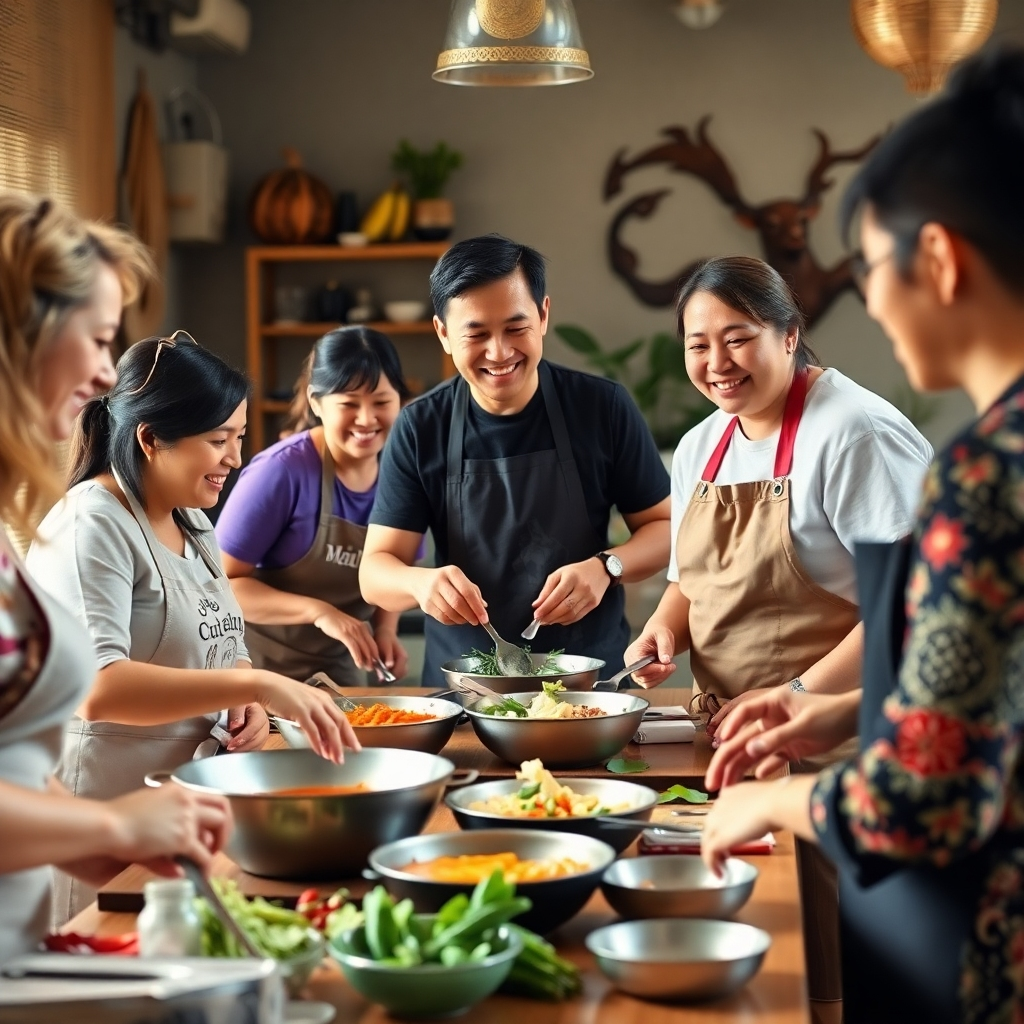A photorealistic image depicting a group of people happily engaging in a Thai cooking class, with a smiling instructor guiding them. The scene should highlight the warmth, fun, and interaction of the class. The image should showcase a lively environment, with ingredients and cooking utensils scattered around.