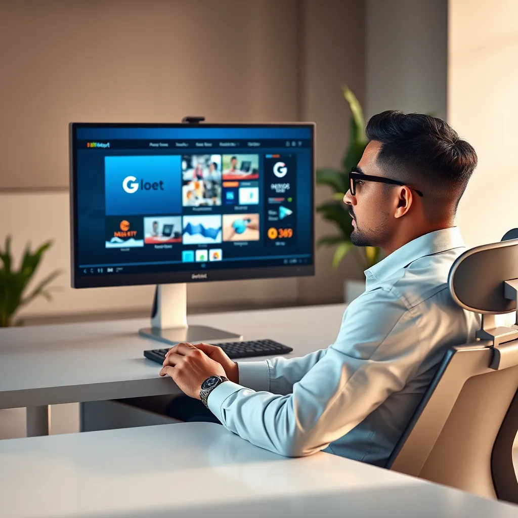 A photorealistic image depicting a graphic designer reviewing a client's logo and website images on a high-resolution monitor. The designer should be seated at a modern workstation with sleek, ergonomic furniture, bathed in soft, diffused lighting that highlights the vibrancy of the screen. The client's logo and website images should be displayed prominently on the monitor, showcasing a variety of design styles and elements. The designer should be wearing professional attire and exuding a confident and attentive expression as they analyze the visuals. The image should capture a sense of focus and detail, highlighting the critical evaluation process involved in this service. The background should feature a minimalist office space with neutral tones and a touch of greenery, providing a serene and professional atmosphere. The image should be rendered in 8K resolution with hyperrealistic detail, capturing the texture of the designer's clothing, the intricate details of the monitor, and the subtle reflections on the surrounding surfaces.