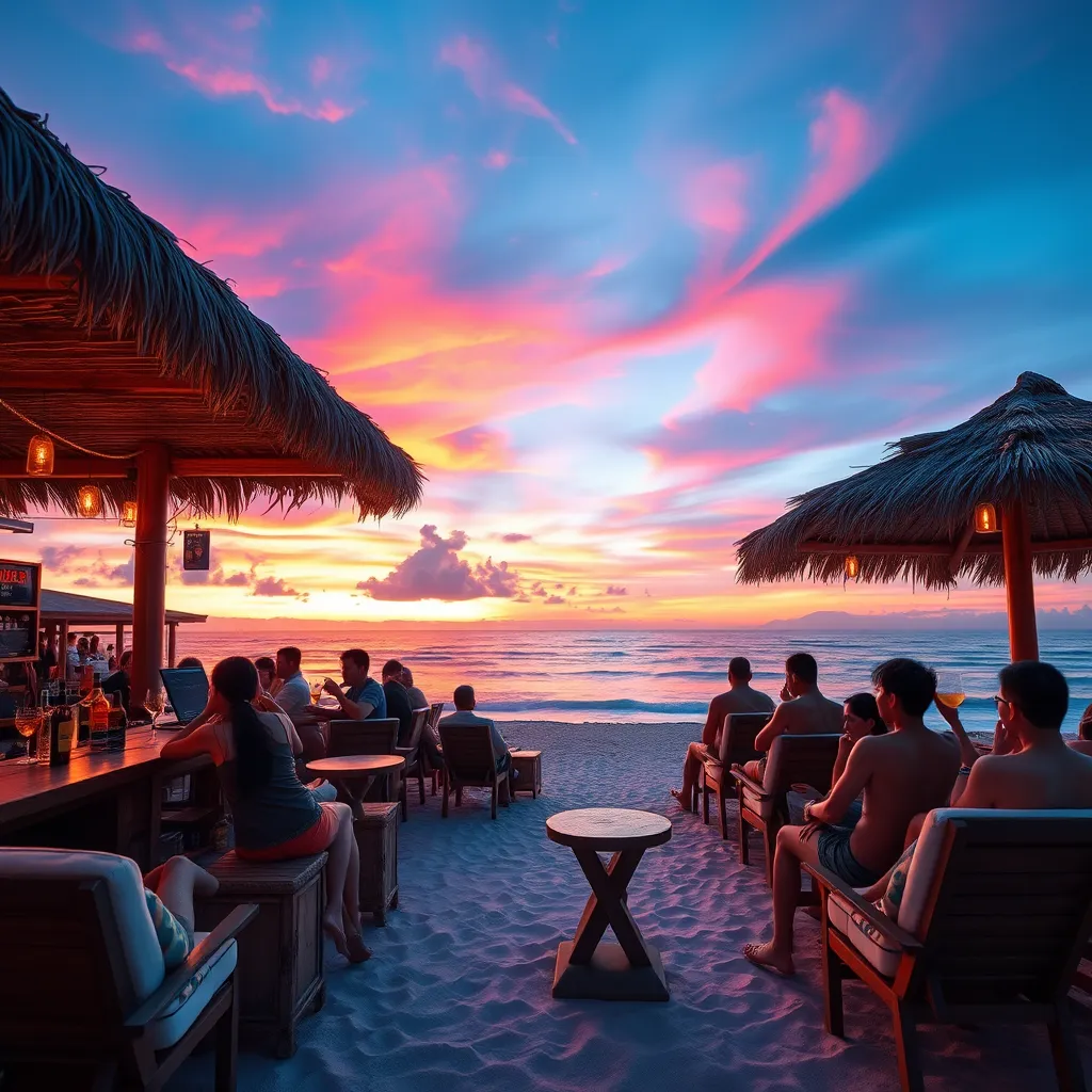 A photorealistic image of a beachside bar in Pattaya, showcasing a relaxed and laid-back atmosphere. People are sitting on beach chairs, enjoying their drinks and the ocean views. The bar has a thatched roof, wooden furniture, and a beach-inspired decor. The sky is a vibrant sunset with beautiful colors reflected in the water.