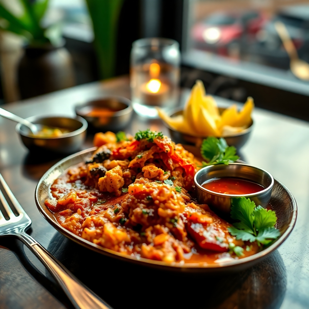 A photorealistic image of a beautifully presented Indian meal at Malgudi restaurant. Include warm lighting and intricate details. The style could be similar to high-end food photography. The camera angle should be close up, focusing on textures and colors.