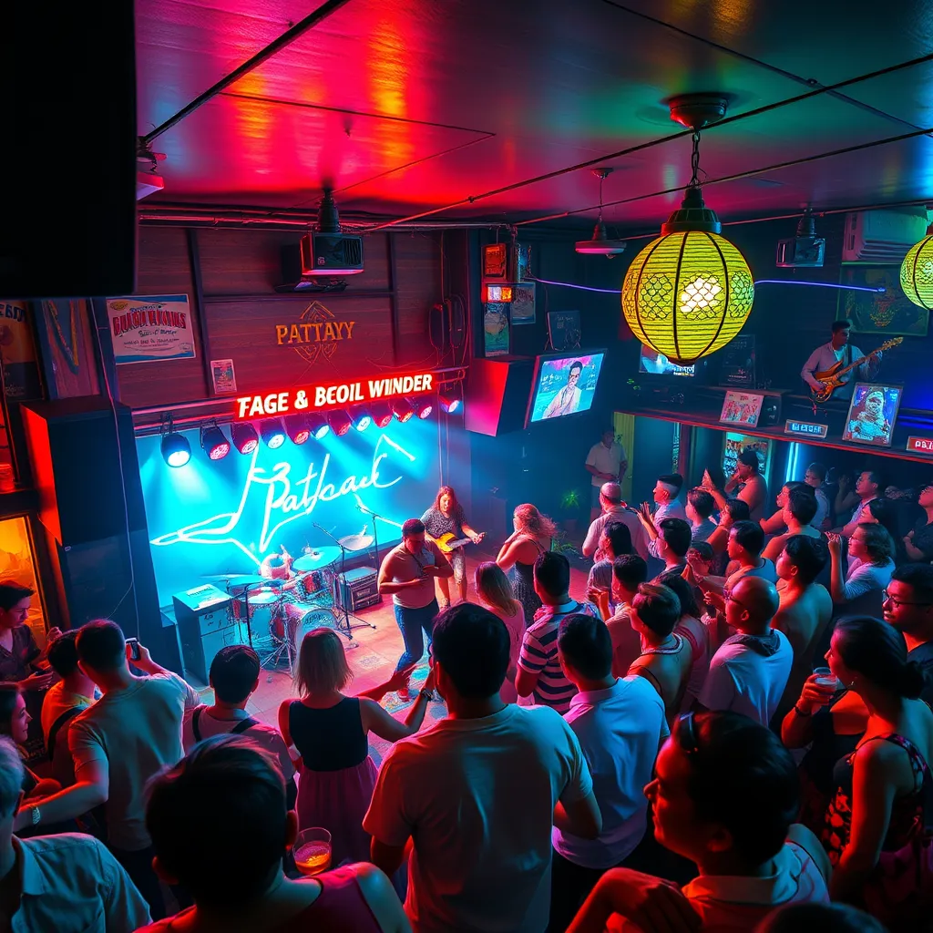 A photorealistic image of a bustling bar in Pattaya with a stage featuring a live band playing upbeat music. People are dancing and enjoying themselves. The bar is decorated with vibrant colors and has a lively atmosphere. The crowd is diverse, with locals and tourists all enjoying the music and drinks.